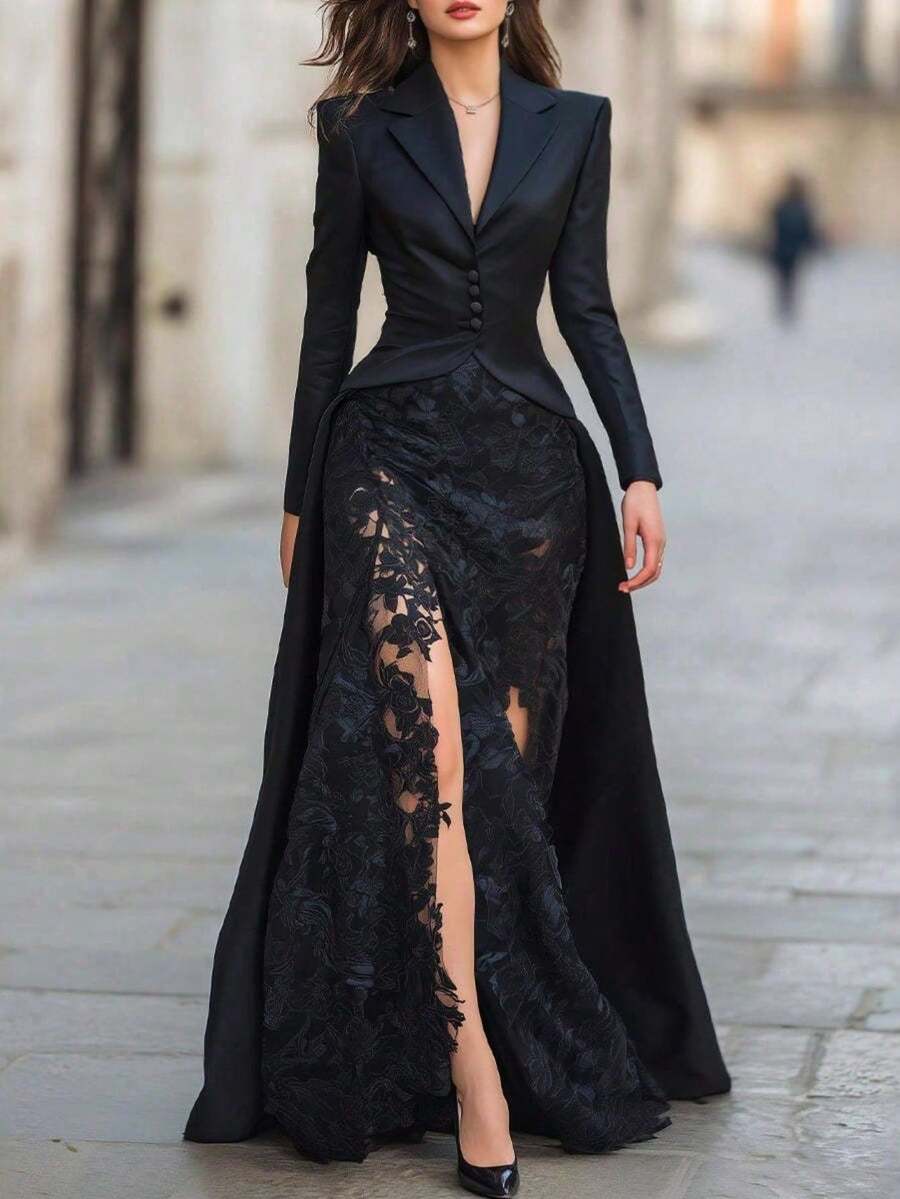 Women's Black Detachable Two-Piece Set - Fitted V-Neck Blazer With Button Detail & High-Slit Lace Maxi Skirt, Modern Elegant Evening & Dinner Date Outfit - màu đen - Xem 1