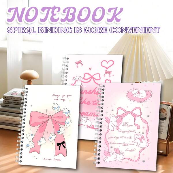1. Caderno Fofo A5 com Laço, 2. Caderno Espiral Rosa Fofo, Adequado como Presente de Aniversário para Filha, Presente de Volta às Aulas, Presente do Dia dos Namorados ou Dia da Mulher, Suprimentos de Escritório, Papelaria