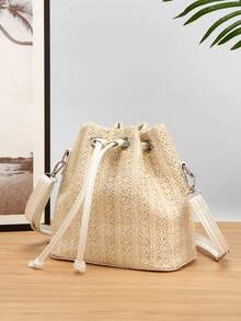 1 chiếc túi đeo chéo bằng rơm kiểu dáng mới mùa xuân/hè, túi đeo vai mini thời trang có dây rút, thích hợp cho đi biển, đi làm, mua sắm. - Màu be - Xem 4