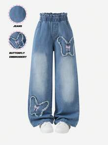 1 条女童休闲舒适蝴蝶刺绣牛仔裤，可爱风格，适合日常穿着，秋冬新品 - 中等水洗藍 - 查看 1