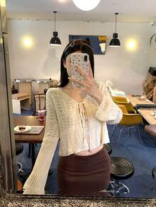 Korean Design Hollow Lace-Up Knit Cardigan With Flare Sleeves, Cropped Top - Apricot - View 4