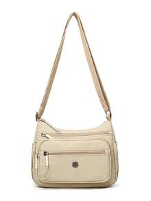 Bolso de hombro de nailon casual con correa ajustable, multicompartimento, unicolor, cierre con cremallera, forro de poliéster, bolso cruzado ligero y conveniente para uso diario - Caqui - Ver 4