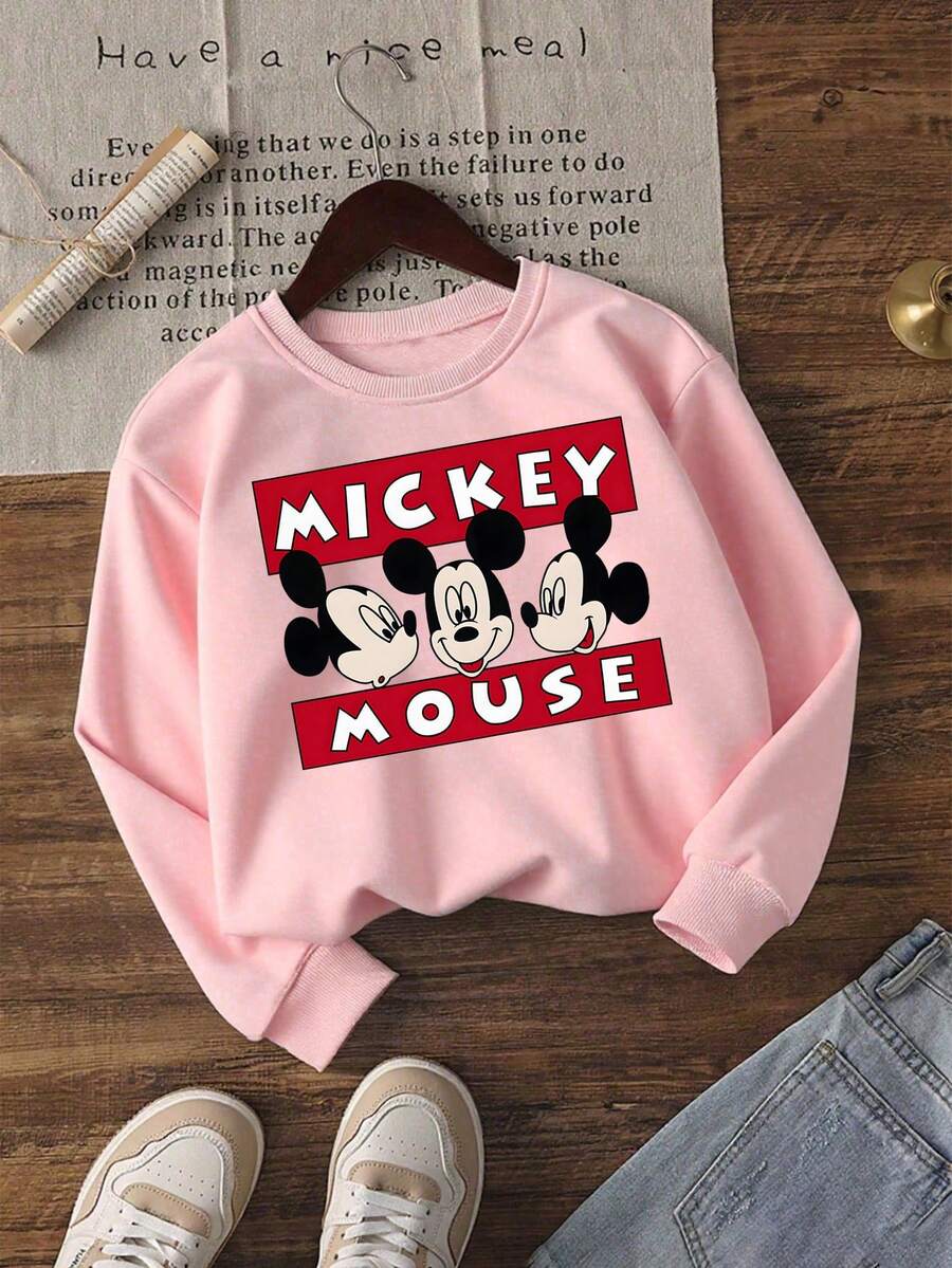 1pc Disney Mickey Mouse Cheerful Mood Print Tween Girls Lovely Relaxed Sweatshirt, Comfortable & Lightweight, Great For Casual Outings & Errands - 粉色 - 查看 1