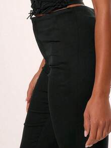 Women's Black Fabric High Stretch Capri Pants With Stylish Split Detail - Black - View 4