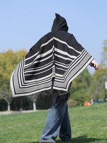 1pc Striped Jacquard Fringe Hooded Shawl, Versatile Daily Wear - Multicolor - View 1