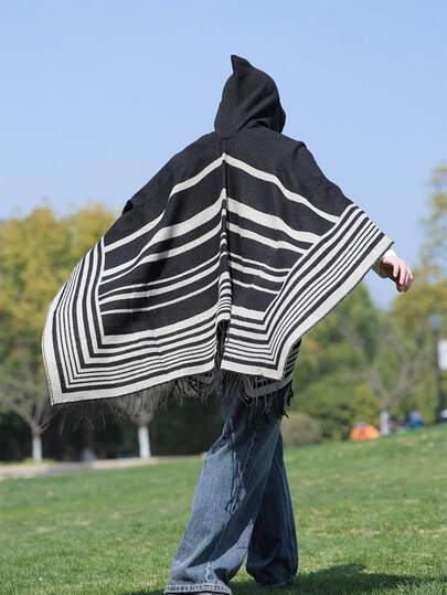 1pc Striped Jacquard Fringe Hooded Shawl, Versatile Daily Wear