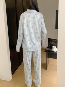 2 pièces Ensemble de pyjama pour femme, motif ours bleu, pantalon à simple boutonnage, manches longues, ample, vêtement de nuit et d'intérieur convenant pour un usage domestique. Ensemble de pyjamas femme à manches longues, adapté pour le printemps et l'automne. - Bleu et Blanc - Voir 5