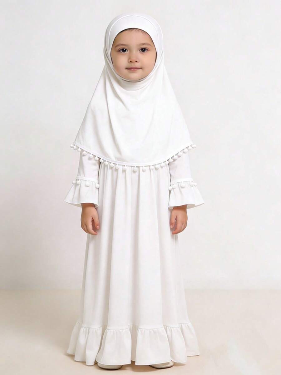 2pcs/Set Muslim Girls' Long Sleeve Solid Color Dress + Headscarf - White - View 1
