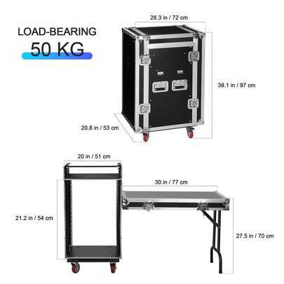 16U DJ Road Rack Case With Mixer Stand & Work Table, Portable Audio Equipment Rack Cabinet, 3-Door Recording Studio Flight Case For Stage, KTV, DJ And Live Performance, Black