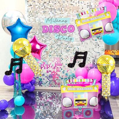 8pcs/Set Disco Music Party Balloon Set, Neon Colorful Balloons With Radio Microphone Music Disco Foil Balloons, Suitable For 80s 90s Theme Party Decor, Disco Retro Theme, Hip Hop Music Birthday Party, Back To 80s 90s, K-Pop Music Theme Birthday Party Decor, Karaoke Graduation Party Decor