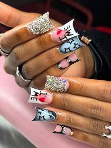 24pcs Y2K Style Long Duck Mouth Star Pattern French Manicure Nail Stickers, Ombre Color Design, Decorated With Rhinestones, Includes 1pc Jelly Gel And 1pc Nail File - Multicolor - View 10