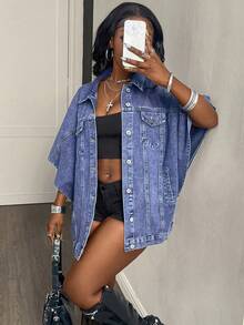 Women's Loose Fit Denim Bat Wing Casual Jacket Spring - Blue - View 3