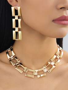 一套百搭精致几何镂空方形金属链项链耳环首饰套装，节日及假期送给女性的礼物 - 金黃色 - 查看 1