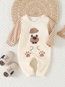 Bộ áo liền quần dài tay kẻ sọc màu trắng cổ tròn cho bé trai sơ sinh (1 chiếc) - Màu be - Xem 1