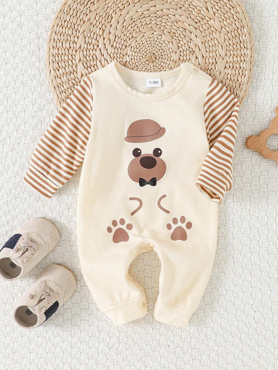 Bộ áo liền quần dài tay kẻ sọc màu trắng cổ tròn cho bé trai sơ sinh (1 chiếc) - Màu be - Xem 1