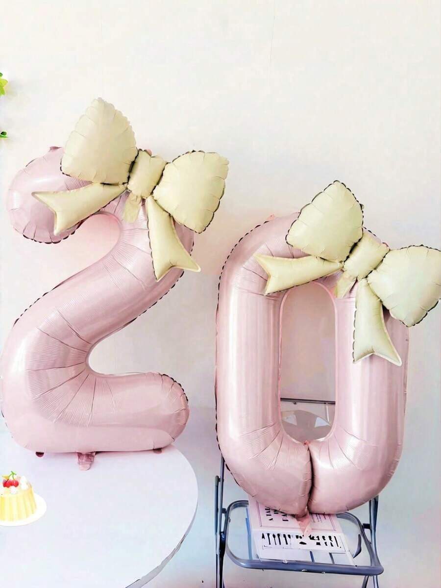 2件組 32英吋粉色數字造型鋁箔氣球,附磨砂蝴蝶結裝飾,適用生日、婚禮、戶外活動、週年紀念、節日、萬聖節、聖誕節背景牆裝飾 - 淺粉色 - 查看 1