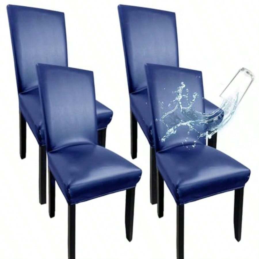 WUSOUPU Fundas de cuero marino para sillas de comedor juego de 4 fundas de silla de comedor de cuero sintético íbles y lavables fundas de silla de cuero para salón fundas de asiento de cuero - Azul marino - Ver 1