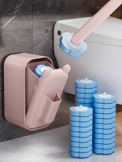 1 Set Toilet Brush With Replaceable Disposable Brush Heads, Toilet Cleaning Tool With Cute Cat Ear Design, 3 Interchangeable Brush Heads, Comes With Storage Box, Bathroom Essential Cleaning Tool, Suitable For Cleaning Toilet, Sink, Bathroom Floor And Walls, Great Housewarming Or Holiday Gift