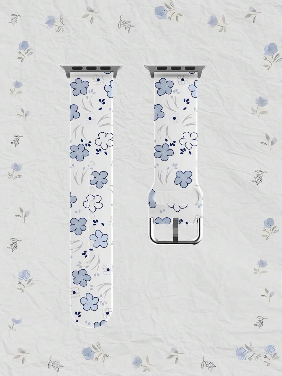 1pc Soft Elastic Breathable Replacement Watch Band With Scattered Blue Flowers On White Background, Suitable Compatible With Samsung, Honor Smartwatches, 38mm 40mm 41mm 42mm 46mm 45mm 44mm 49mm, Fashionable Casual Silicone Watch Strap Compatible With Apple Watch Ultra Series SE/11/10/9/8/7/6/5/4/3/2/1 - Multicolor - View 1