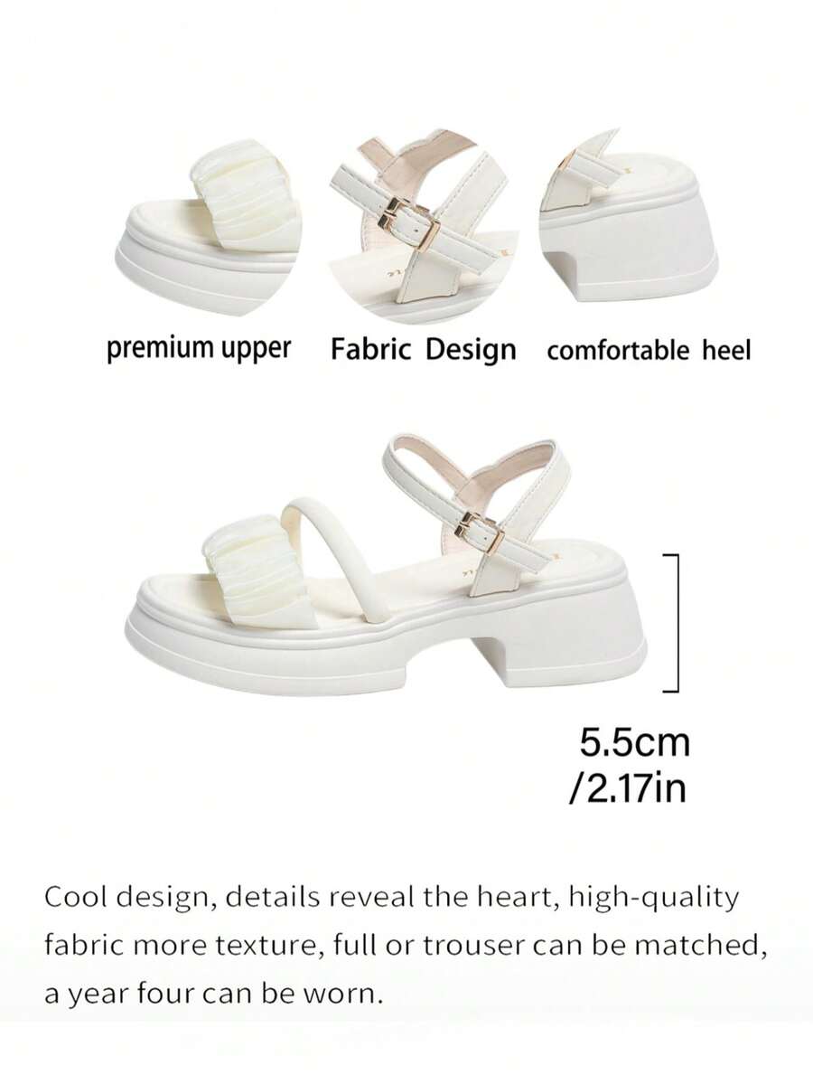 2026 New Pleated Vamp Beach Gold Buckle Home Casual Fashion Sandals, Lace Mesh Soft Wedge Thick Bottom Round Toe Leisure Sports Sandals, Countryside Vacation Sandals - Beige - View 1