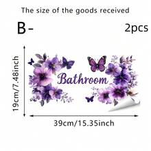 2片装大尺寸浴室墙贴，水彩蝴蝶花环紫色花朵图案，印有“浴室”字样，自粘防水PVC乙烯基材质，适用于卫生间、浴室门等家居装饰，可移除艺术壁画，适用于客房、公寓改造和日常生活美化。 - 牆貼 - 查看 12