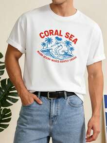 Men's Summer Coconut Tree & Surfing Print Casual Short Sleeve T-Shirt, Suitable For Daily Wear, Vacation, Unisex - White - View 1