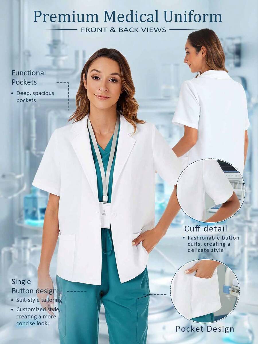 cimmuovere Simple Solid Color Flat Collar Double Pocket Short Sleeve Laboratory Coat/White Coat - White - View 1