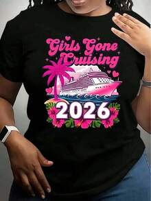 Unisex T Shirt Girls Gone Cruising 2026 Cruise Ship Palm Tree Floral Design Summer Vacation Party Travel Outfit - 黑色 - 查看 6