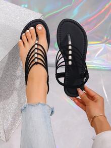 女士时尚圆头波西米亚串珠平底凉鞋，沙滩凉鞋 - 黑色 - 查看 5