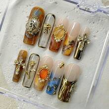 DiDaNail 10 PCS Handmade Square Press-On Nails | Amber Religious Palace Style With Amber & Nude Bases, Angel & Cross Embellishments - 摩卡棕 - 查看 1