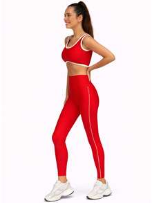Women's 2-Piece Fitness Kit – Top, Shorts And High-Waisted Leggings - 紅色 - 查看 3
