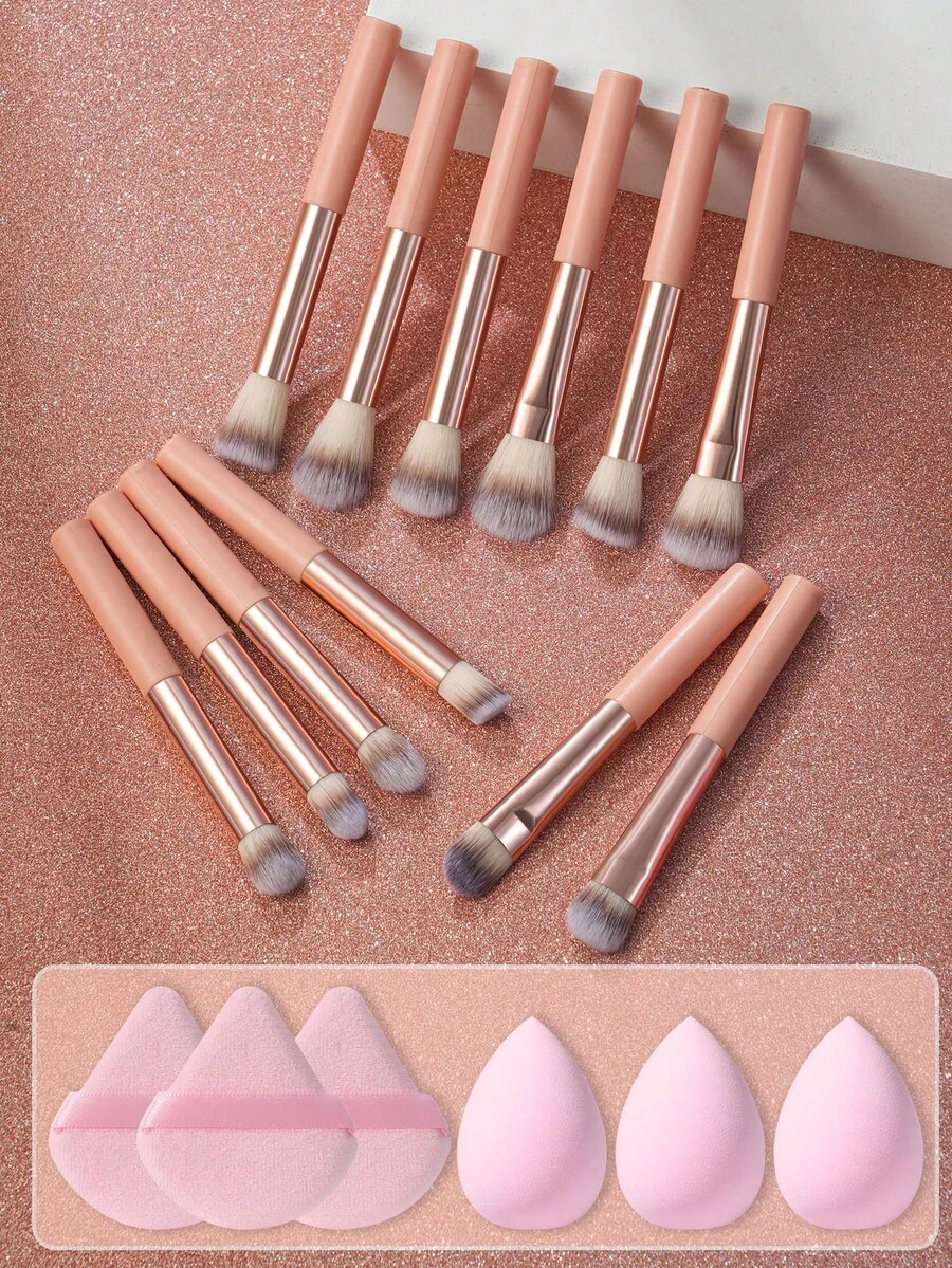 18pcs/3pcs/1pc Complete Makeup Brush Set Includes 12 Soft Brushes Such As Contour Brush, Highlighter Brush, Foundation Brush, Nose Shadow Brush, Eyeshadow Brush, Eyebrow Brush, Lip Brush, And Detail Brush, Plus 3 Liquid Makeup Eggs And 3 Triangular Powder Puffs, Suitable For Beginners, Professional Makeup Artists, And Novice Beauty Practice - Pink - View 1