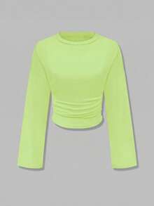 Nueva blusa elegante de manga larga con cuello redondo y volantes de unicolor, adecuada para vacaciones, citas, escuela, viajes y uso diario en primavera - verde tierno - Ver 6