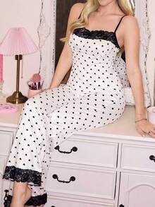 Cute Black Spade Heart Print Pajama Set - Lace Trim Camisole & Loose Pants, Soft & Comfortable 2 Pieces Loungewear - White - View 3