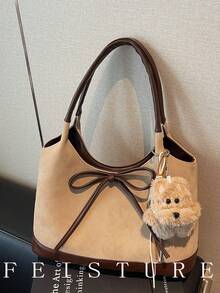 1pc Fashion Color Block PU Leather Handbag, Stylish Shoulder Tote Bag, Suitable For Daily Outing, Dating, Commuting, Comes With Pendant - Khaki - View 8