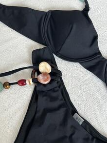 黑色腰部彩色串珠系带装饰两件式比基尼套装，性感优雅女士夏季休闲海滩度假、泳池派对时尚泳装 - 黑色 - 查看 4