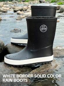Kids Black Solid Color Rain Boots, Waterproof Non-Slip Boots For Outdoor Play And Rainy Days - 黑色 - 查看 10