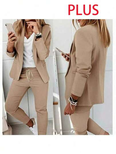 Plus Size Women 2 Pieces Set - Lapel Collar Blazer Jacket And Elastic Waist Pants Suit Elegant Spring