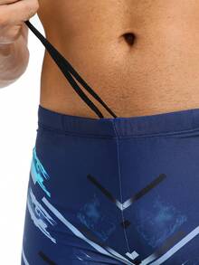 新款时尚印花男士泳裤，速干沙滩泳装，运动游泳短裤，避免尴尬 - 藍色 - 查看 3