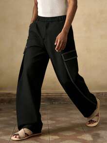 Men's Black Wide Leg Cargo Pants With Contrast Stitching And Button Waist, Street Style - Black - View 3