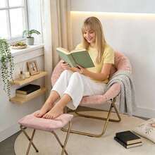 Folding Saucer Chair For Adults With Ottoman, Circle Reading Chair For Bedroom, Living Room & Dorm, Furry Comfy Accent Seat With Metal Leg & Thick Padded For Small Spaces (Pink, 1 Pack) - Hồng/Vàng - Xem 4