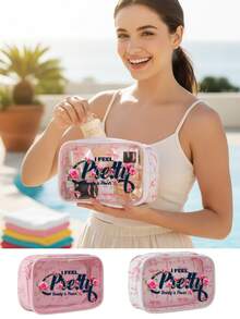 1个透明PU蝴蝶结造型化妆包，印有“我感觉很漂亮”和“美丽就是力量”字样。充满女性力量和自信风格，是一款时尚的化妆品收纳包。 - 彩色 - 查看 9