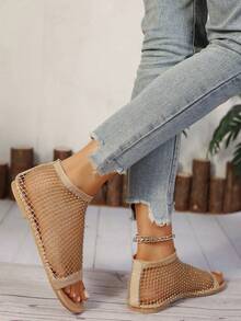 2025 Round Toe Flat Hollow Peep Toe Open Toe Rhinestone Sandals, Women Plus Size Casual Fishnet Breathable Slip-On Elastic Band Rhinestone Slouchy Shoes, In Stock - Gold - View 8