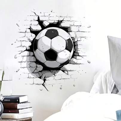 1pc Cartoon Sports-Themed Broken Wall Effect Football Wall Sticker, Removable Self-Adhesive Waterproof PVC Sticker, Suitable For Walls, Doors, Windows, Rooms, And Children's Room Decoration.