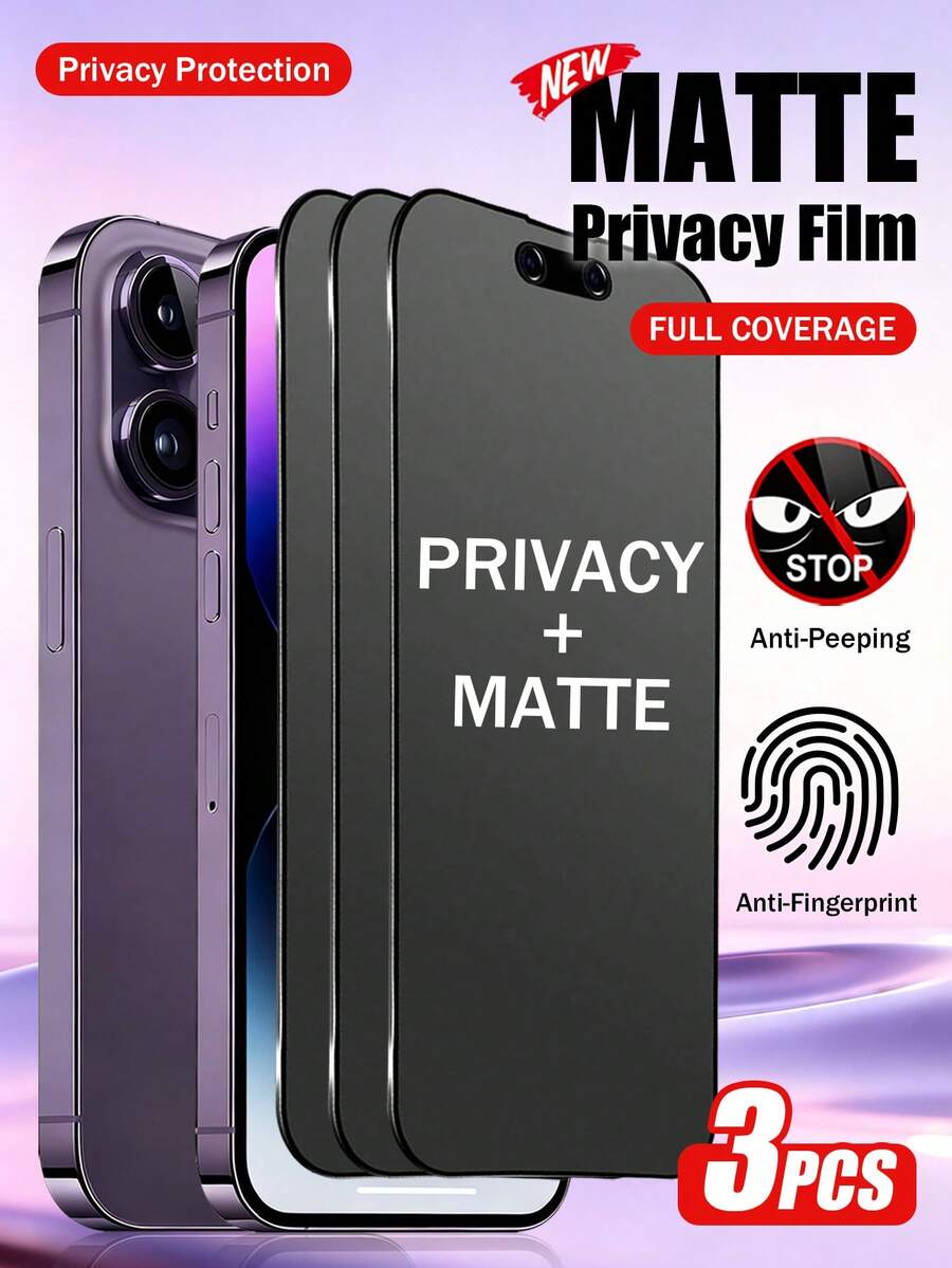 Yezodawee 3片装磨砂防窥钢化玻璃屏幕保护膜，9H硬度，防指纹，2.5D弧边，全屏覆盖，兼容 16ProMax/16Plus/15ProMax/14/13/12/11/XR/X/XS/7/8（6.1英寸）