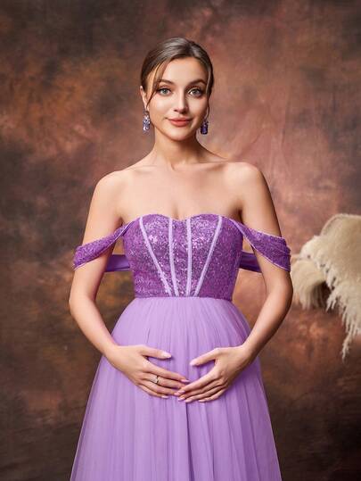 Faeriesty Elegant Maternity Lavender Off-Shoulder Maxi Party Gown For Women | Sequin Bodice With Sheer Mesh/Organza Hem, Lace-Up Back Detail With Tasseled Ties For Adjustable Allure For Spring Weddings, Mother's Day Celebrations, Baby Shower Events, Garden Parties, Formal Galas, Evening