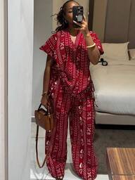 Women's Fashion Printed Short Sleeved Drawstring Waist Slimming Shirt Wide Leg Pants African Style Western-Style Suit