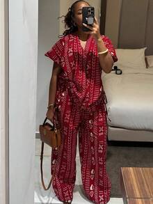 Women's Fashion Printed Short Sleeved Drawstring Waist Slimming Shirt Wide Leg Pants African Style Western-Style Suit - Đỏ - Xem 1