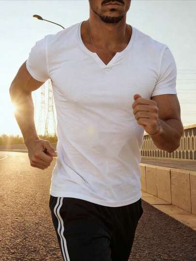 Men's Solid Color Minimalist V-Neck Short Sleeve T-Shirt, Suitable For Sports, Casual And Home Wear In Summer