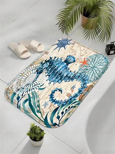 1 قطعة سجادة حمام قطنية ناعمة مانعة للانزلاق مطبوعة بتصميم مناظر بحرية زرقاء (سلحفاة، نجمة البحر، المرجان) - ديكور ساحلي أزرق أخضر/بيج، مناسبة للحمام والمطبخ وغرفة المعيشة - سجادة قابلة للغسيل - مثالية لديكور منزل الشاطئ أو المنزل الحديث - سجادة قطنية مربعة مافوفة بنسيج ناعم، تضمن السلامة والراحة - مناسبة لمناسبات وديكورات المنزل المختلفة